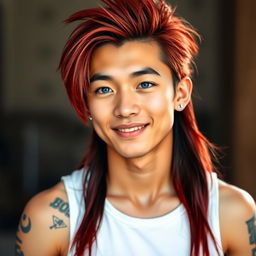 A young Chinese man in his twenties with a long red mullet hairstyle, bright blue eyes and fair skin