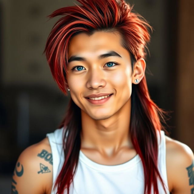 A young Chinese man in his twenties with a long red mullet hairstyle, bright blue eyes and fair skin