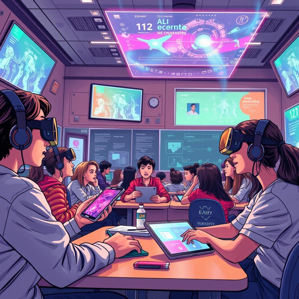 An engaging and futuristic educational scene showcasing advanced technology in a classroom environment