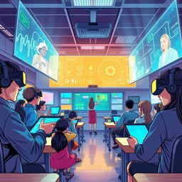 An engaging and futuristic educational scene showcasing advanced technology in a classroom environment