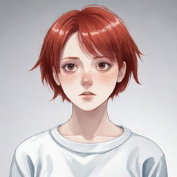 Anime style illustration of a sixteen-year-old girl with short red hair, dressed in white. She looks terribly scared, her pupils dilated giving a striking emotional intensity.