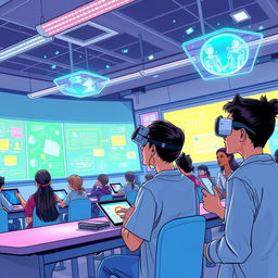 An engaging and futuristic educational scene showcasing advanced technology in a classroom environment