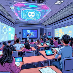 An engaging and futuristic educational scene showcasing advanced technology in a classroom environment