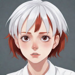 Anime style illustration of a sixteen-year-old girl with short red hair, dressed in white. She looks terribly scared, her pupils dilated giving a striking emotional intensity.