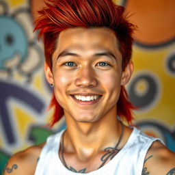 A young Chinese man in his twenties with long red hair styled in a mullet