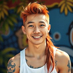 A young Chinese man in his twenties with long red hair styled in a mullet