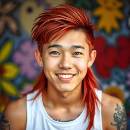 A young Chinese man in his twenties with long red hair styled in a mullet