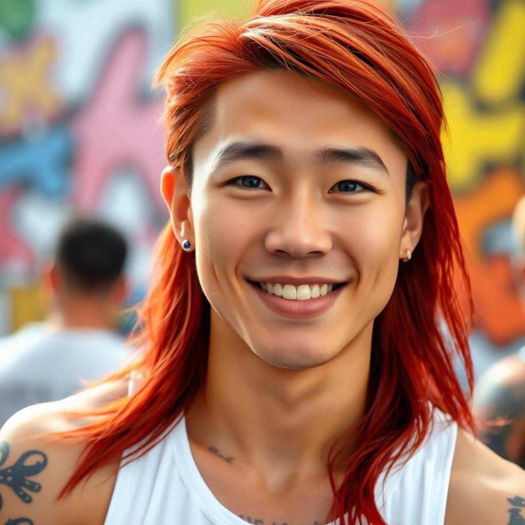 A young Chinese man in his twenties with long red hair styled in a mullet