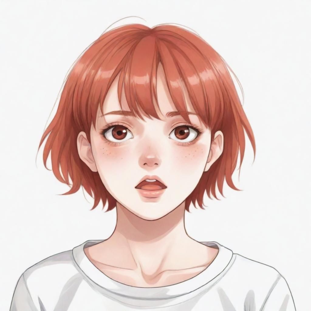 Anime style illustration of a sixteen-year-old girl with short red hair, dressed in white. She looks terribly scared, her pupils dilated giving a striking emotional intensity.