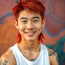 A young Chinese man in his twenties with long red hair styled in a mullet