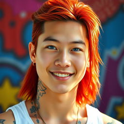 A young Chinese man in his twenties with long red hair styled in a mullet