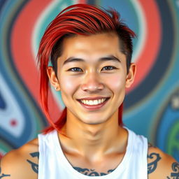 A young Chinese man in his twenties with long red hair styled in a mullet