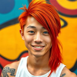 A young Chinese man in his twenties with long red hair styled in a mullet