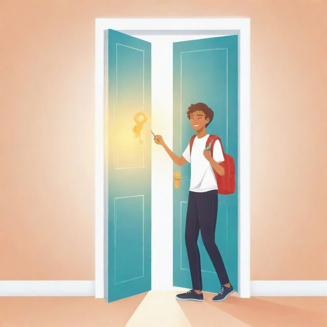 An illustration of a teenager holding a radiant key ready to unlock doors representing different success pathways: one door for education, another for a fulfilling career, and a final door for wide-ranging travel opportunities.