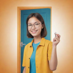 An illustration of a teenager holding a radiant key ready to unlock doors representing different success pathways: one door for education, another for a fulfilling career, and a final door for wide-ranging travel opportunities.