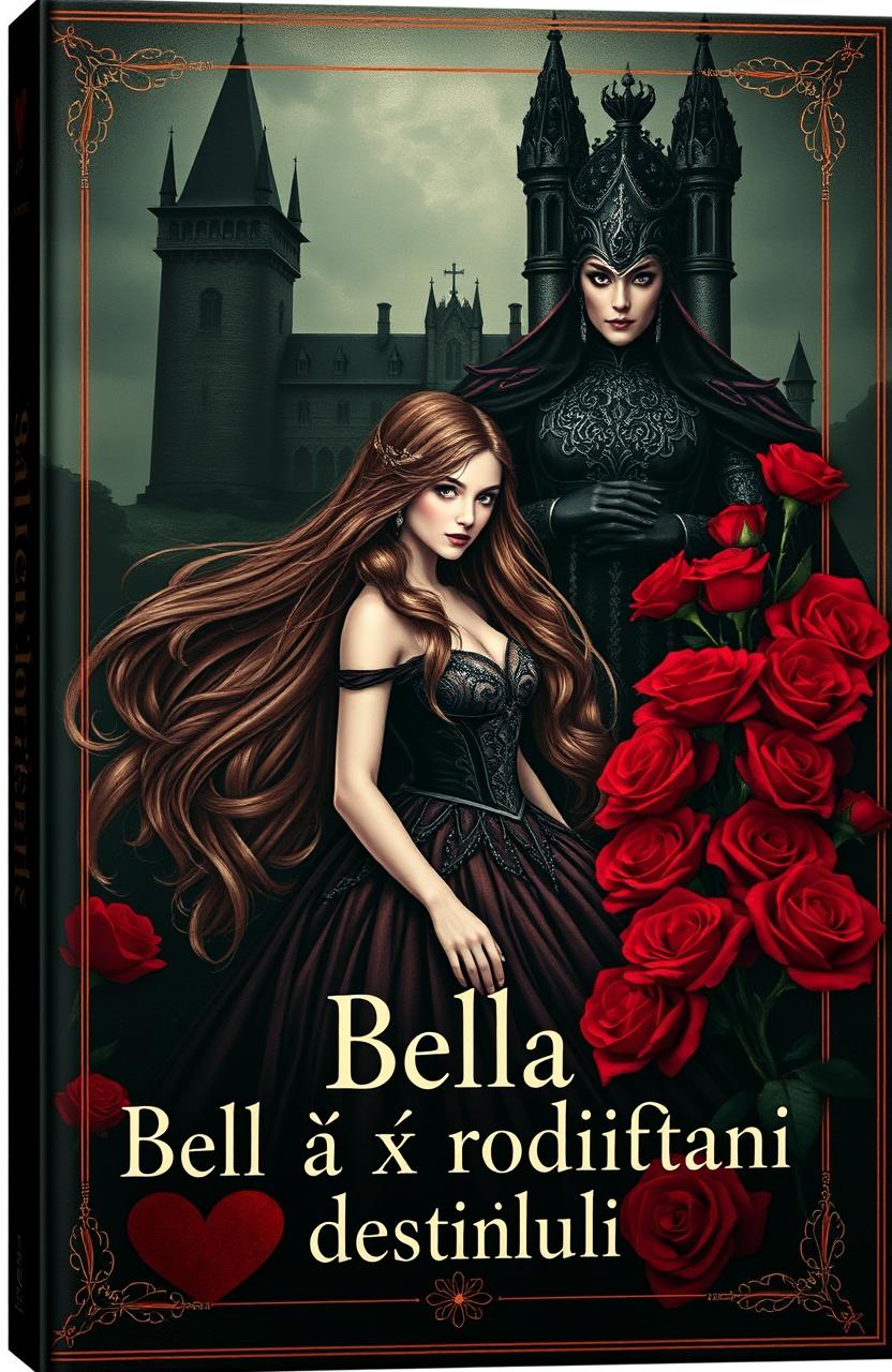 A gothic book cover for a story titled 'Bella și trandafiri destinului'