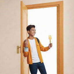 An illustration of a teenager holding a radiant key ready to unlock doors representing different success pathways: one door for education, another for a fulfilling career, and a final door for wide-ranging travel opportunities.