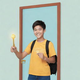 An illustration of a teenager holding a radiant key ready to unlock doors representing different success pathways: one door for education, another for a fulfilling career, and a final door for wide-ranging travel opportunities.