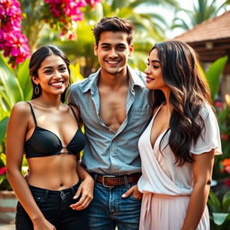 A beautiful Indonesian woman with a lavish chest, a handsome young man in casual clothing with a muscular build, and a young beautiful woman with a modest chest