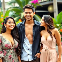 A beautiful Indonesian woman with a lavish chest, a handsome young man in casual clothing with a muscular build, and a young beautiful woman with a modest chest