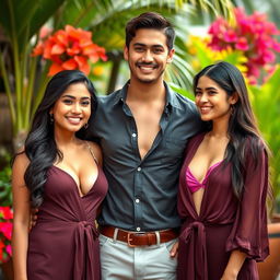 A beautiful Indonesian woman with a lavish chest, a handsome young man in casual clothing with a muscular build, and a young beautiful woman with a modest chest