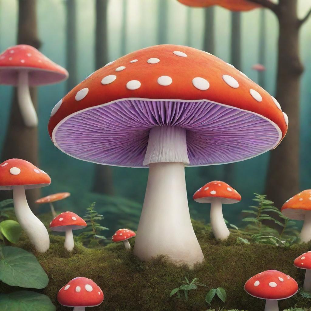 A vividly animated mushroom, with lively colors and charming details to illustrate its whimsical nature in a forest setting.