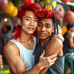 A vibrant scene featuring a young Chinese man in his twenties with long red hair styled in a mullet, bright blue eyes, and fair skin