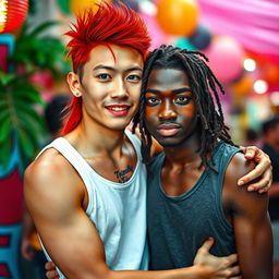 A vibrant scene featuring a young Chinese man in his twenties with long red hair styled in a mullet, bright blue eyes, and fair skin