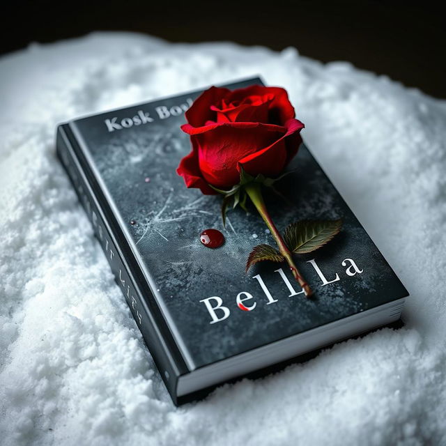 A striking book cover featuring a single red rose with sharp thorns, delicately positioned on a contrasting white blanket of snow