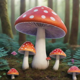 A vividly animated mushroom, with lively colors and charming details to illustrate its whimsical nature in a forest setting.