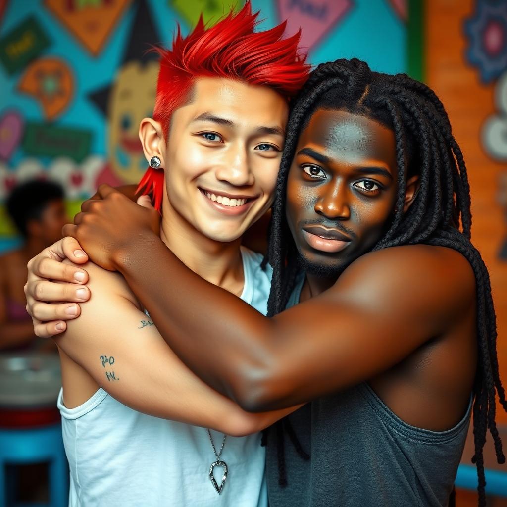 A vibrant scene featuring a young Chinese man in his twenties with long red hair styled in a mullet, striking blue eyes, and fair skin