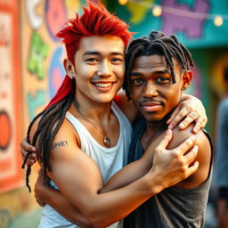 A vibrant scene featuring a young Chinese man in his twenties with long red hair styled in a mullet, striking blue eyes, and fair skin