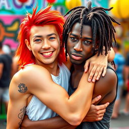 A vibrant scene featuring a young Chinese man in his twenties with long red hair styled in a mullet, striking blue eyes, and fair skin