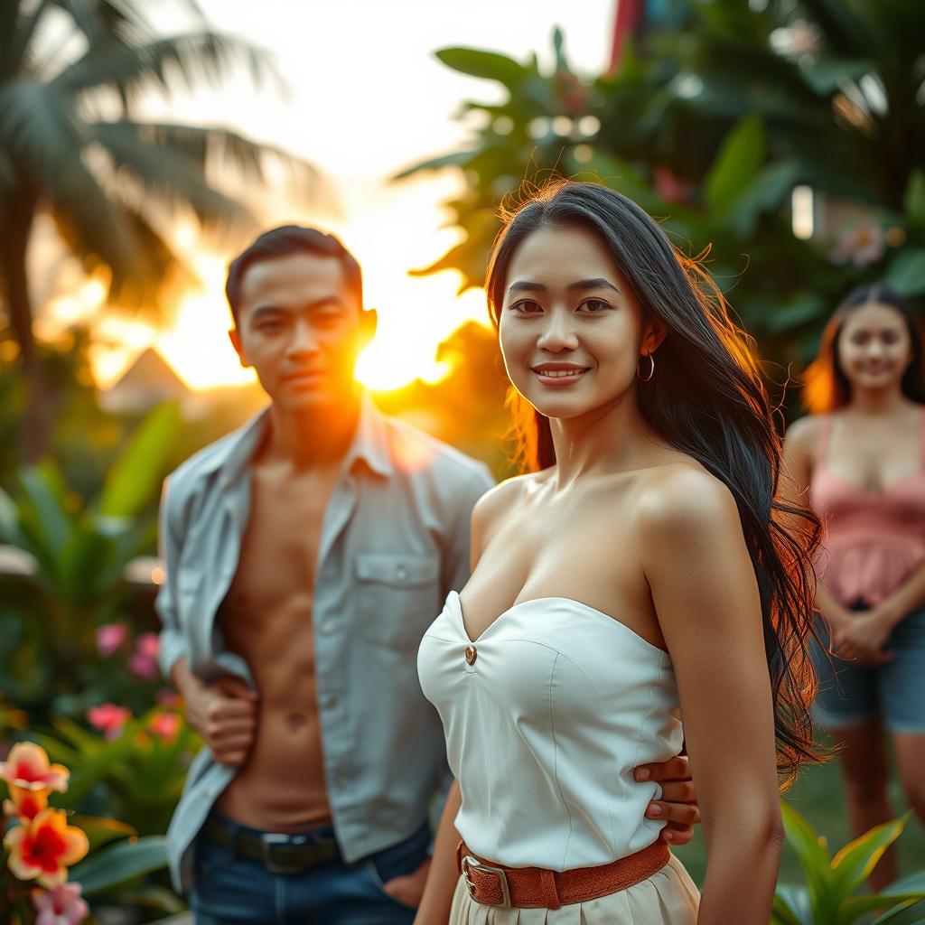 A beautiful Indonesian woman with a luxurious chest and elegant presence, standing confidently in a vibrant outdoor setting