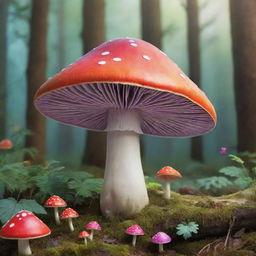 A vividly animated mushroom, with lively colors and charming details to illustrate its whimsical nature in a forest setting.