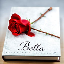 A striking book cover featuring a solitary red rose with sharp thorns, gracefully resting on a blanket of pristine white snow