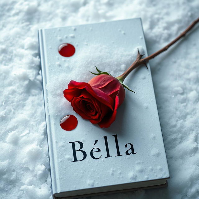 A striking book cover featuring a solitary red rose with sharp thorns, gracefully resting on a blanket of pristine white snow