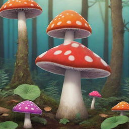 A vividly animated mushroom, with lively colors and charming details to illustrate its whimsical nature in a forest setting.