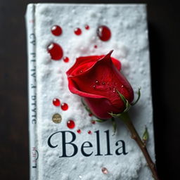 A captivating book cover showcasing a vibrant red rose with sharp thorns, elegantly placed upon a soft layer of white snow