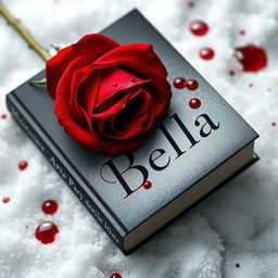 A captivating book cover showcasing a vibrant red rose with sharp thorns, elegantly placed upon a soft layer of white snow