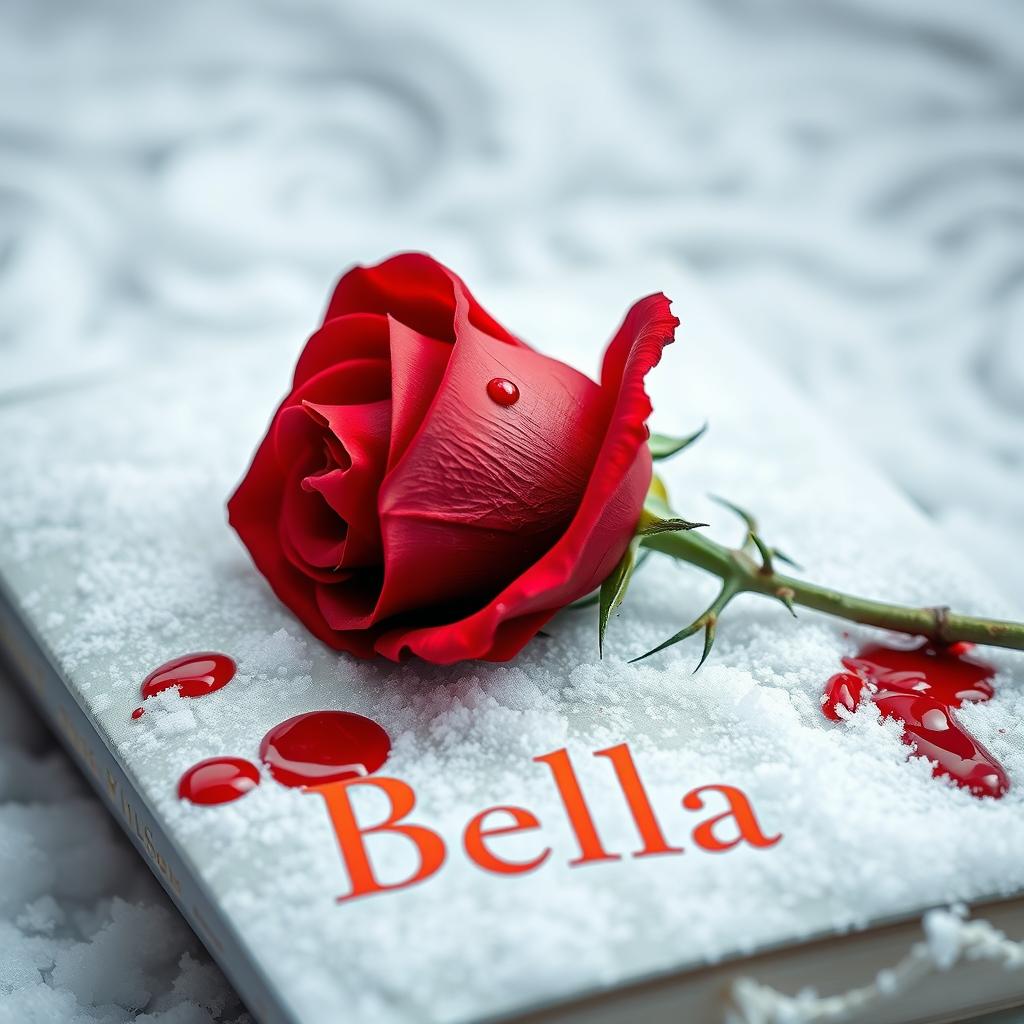 A captivating book cover showcasing a vibrant red rose with sharp thorns, elegantly placed upon a soft layer of white snow