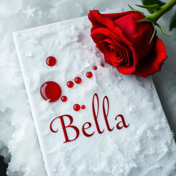 A captivating book cover showcasing a vibrant red rose with sharp thorns, elegantly placed upon a soft layer of white snow