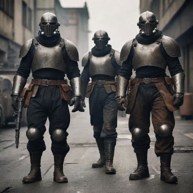 Dieselpunk villains, their threatening presence reinforced by worn-out leather and rough metal elements reminiscent of the 1940s. Their menacing outlook is complemented by bulky automated armor and weapons that exude an aura of interwar industrial dread.