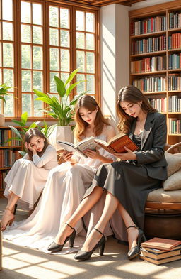 A beautiful scene depicting a group of graceful and elegant young women, immersed in the pages of various books