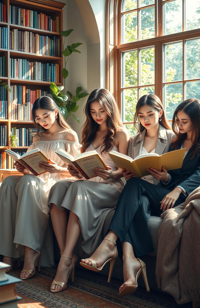 A beautiful scene depicting a group of graceful and elegant young women, immersed in the pages of various books