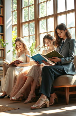 A beautiful scene depicting a group of graceful and elegant young women, immersed in the pages of various books