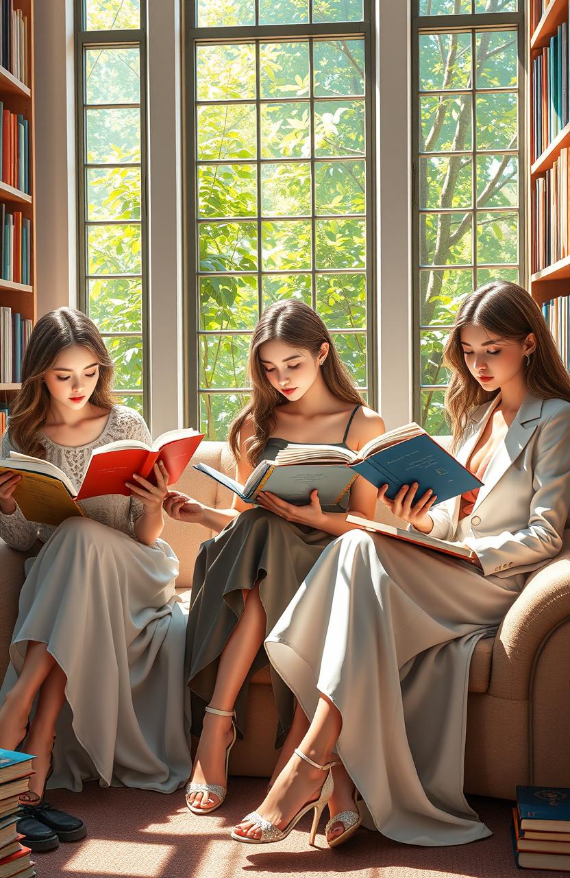 A beautiful scene depicting a group of graceful and elegant young women, immersed in the pages of various books