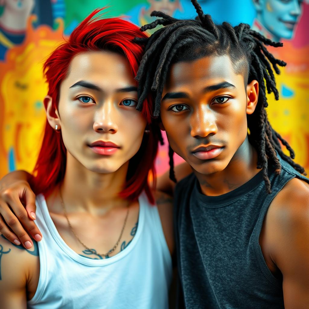 A vibrant portrait featuring a young Chinese man, approximately twenty years old, with long red hair styled in a mullet