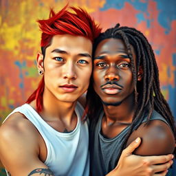 A vibrant portrait featuring a young Chinese man, approximately twenty years old, with long red hair styled in a mullet