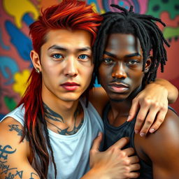 A vibrant portrait featuring a young Chinese man, approximately twenty years old, with long red hair styled in a mullet